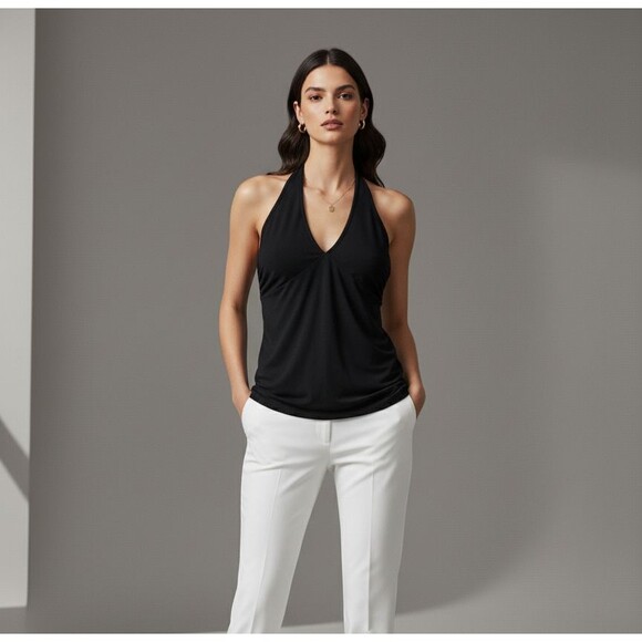 ALK Women's M Moda International Black Tie Neck Open Back Halter Top Tank Blouse - Picture 1 of 5